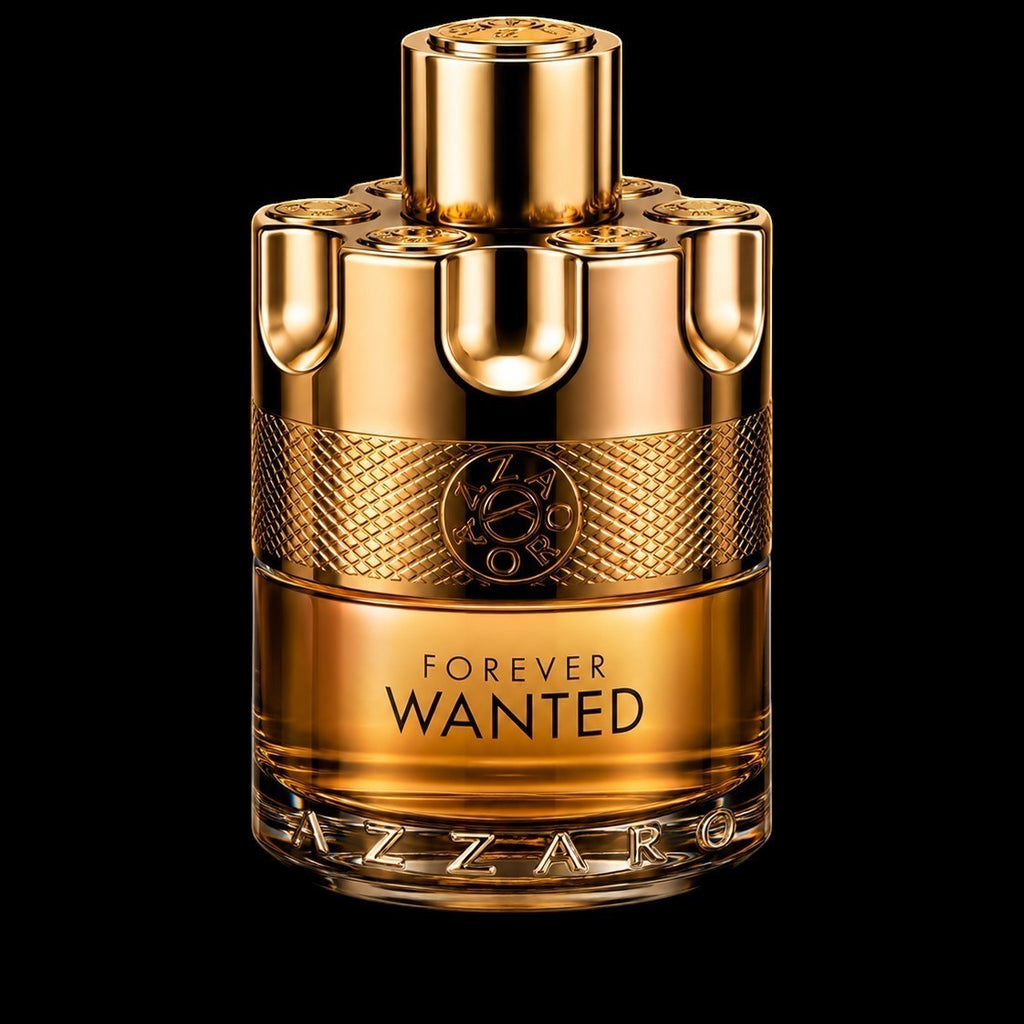 decantME Azzaro Forever Wanted Elixir fragrance in a gold revolver cylinder bottle against a black background