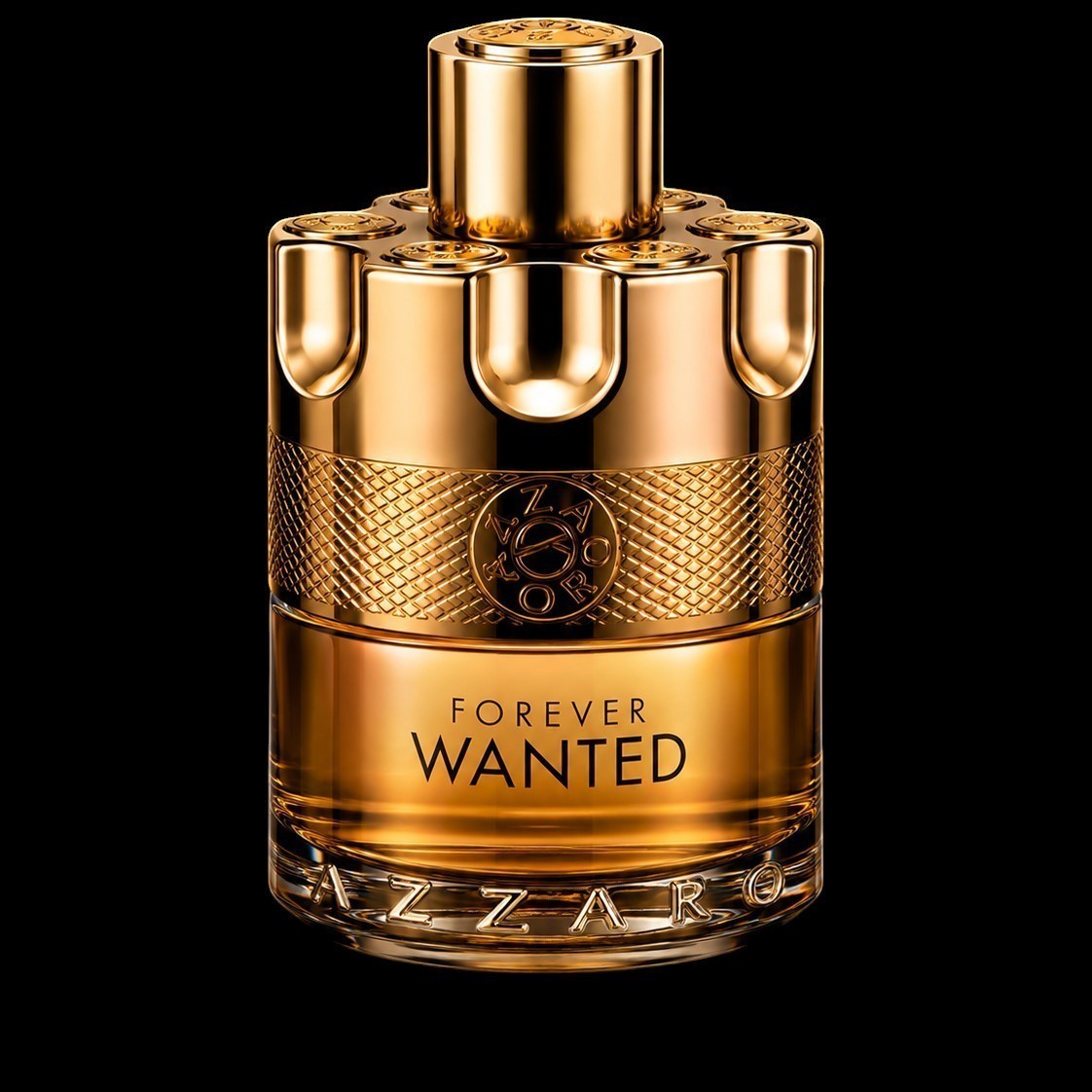 decantME Azzaro Forever Wanted Elixir fragrance in a gold revolver cylinder bottle against a black background