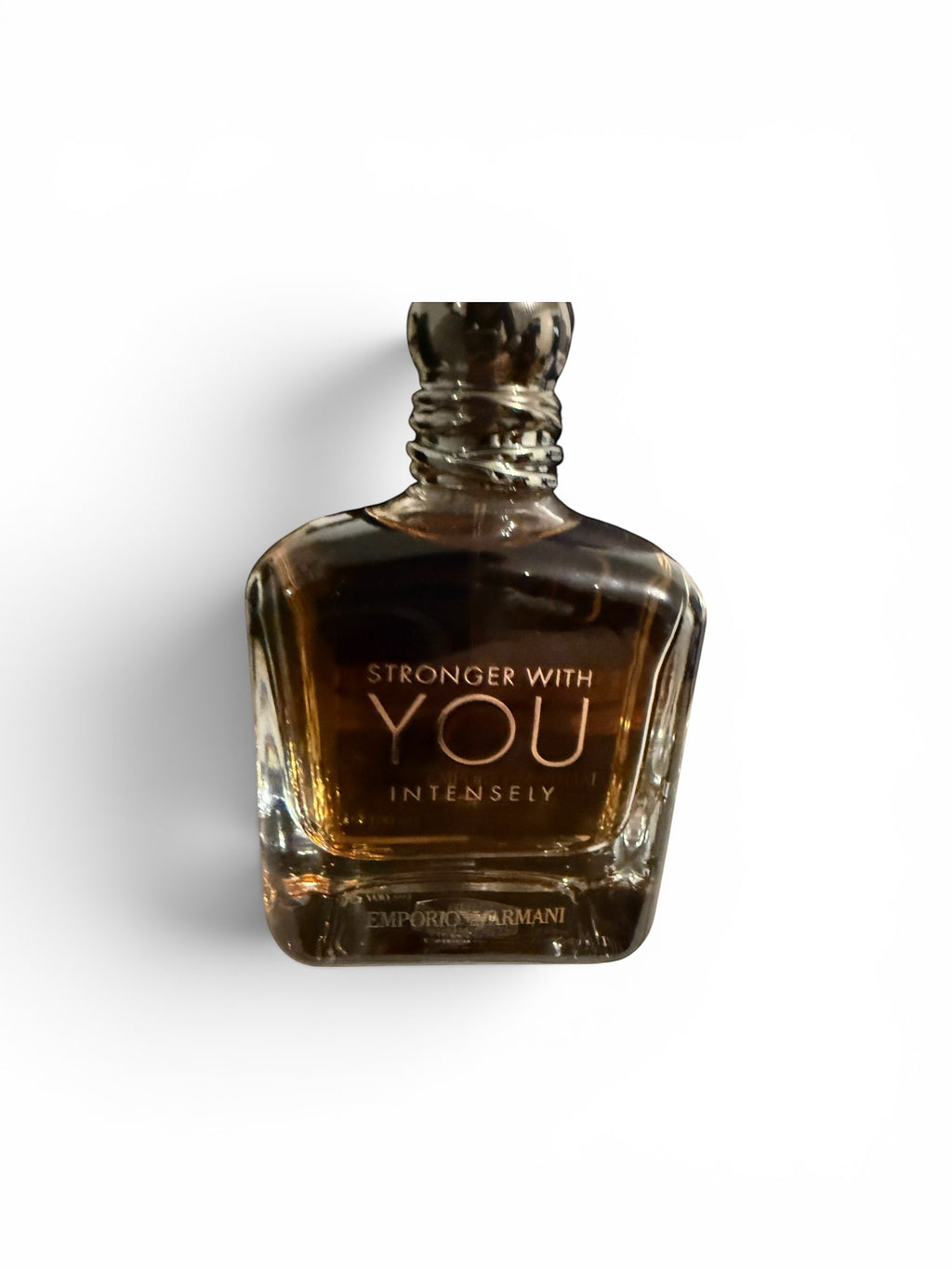 decantME Emporio Armani Stronger With You Intensely amber fragrance bottle with metallic cap on white background