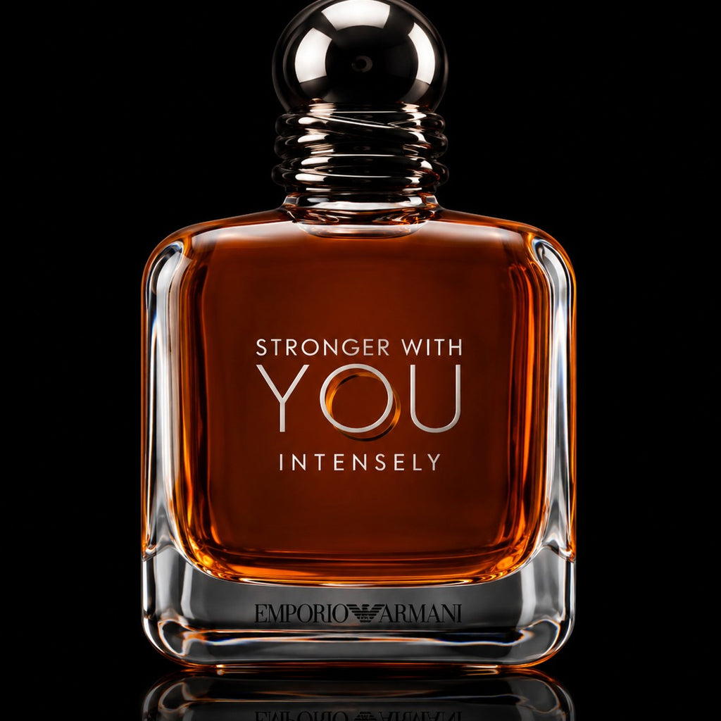 decantME Emporio Armani Stronger With You Intensely perfume bottle with amber liquid against a black background
