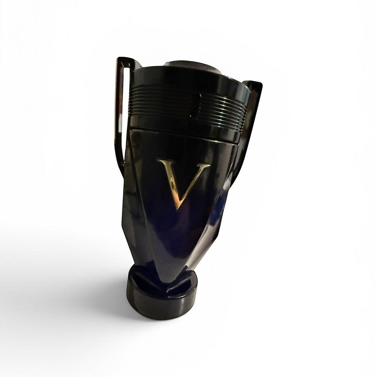 decantME Paco Rabanne Invictus Victory Elixir fragrance in a dark blue trophy-shaped bottle with gold V logo