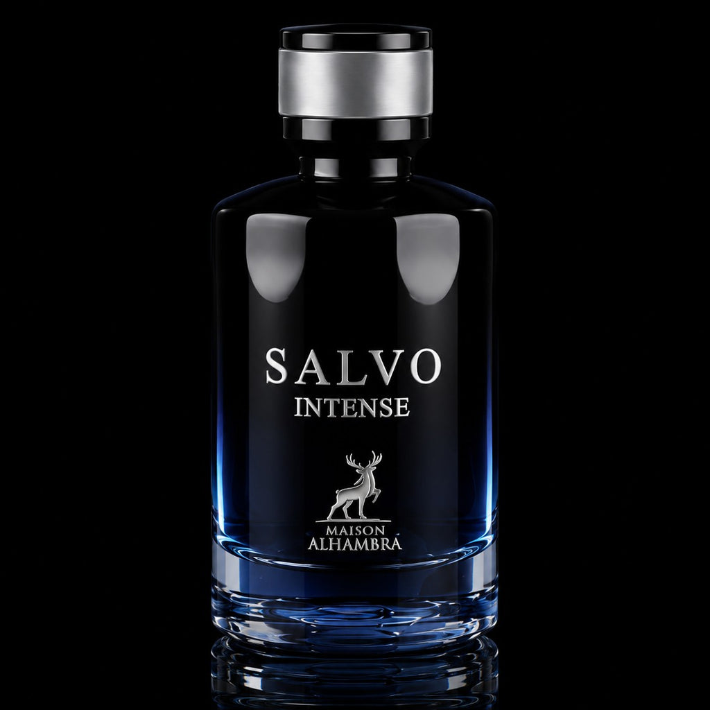 decantME Salvo Intense fragrance bottle in deep blue glass with silver cap against a black background