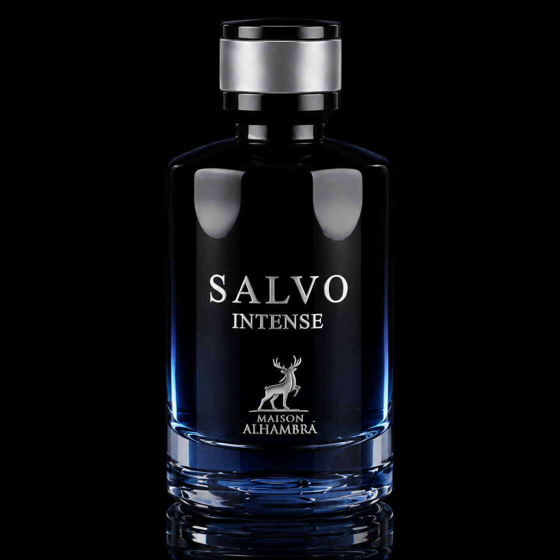 decantME Salvo Intense fragrance bottle in deep blue glass with silver cap against a black background