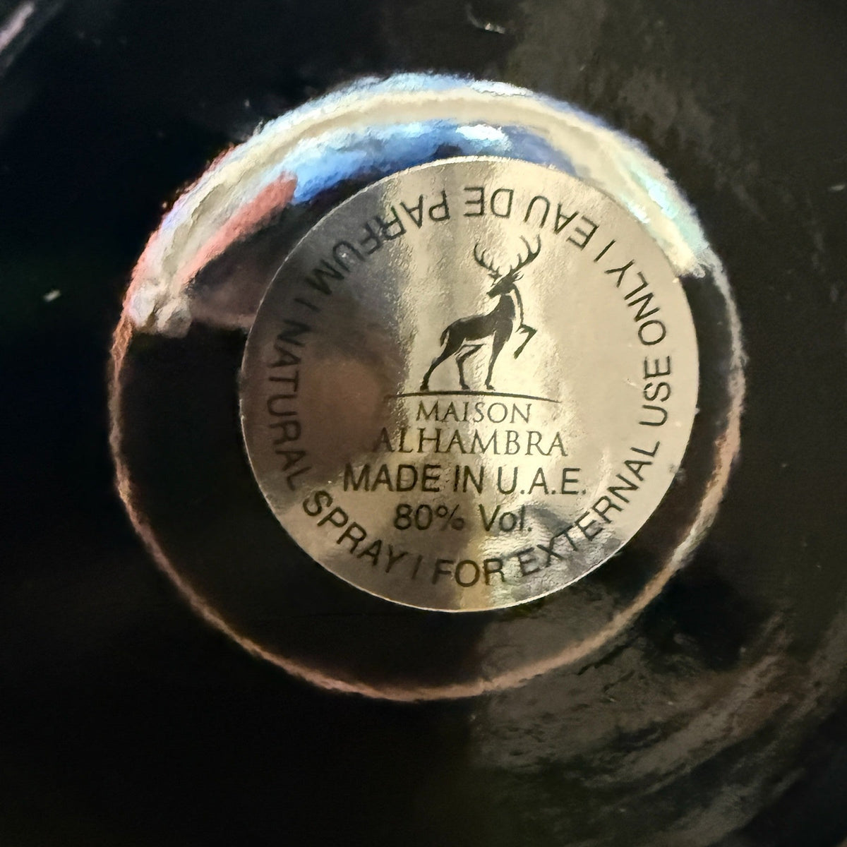 decantME Salvo Intense fragrance bottle base with Maison Alhambra logo and U.A.E. production details