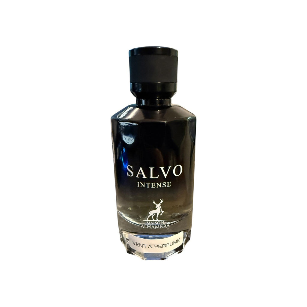 decantME Salvo Intense fragrance bottle with dark glass and black cap, featuring amber and woody scent notes